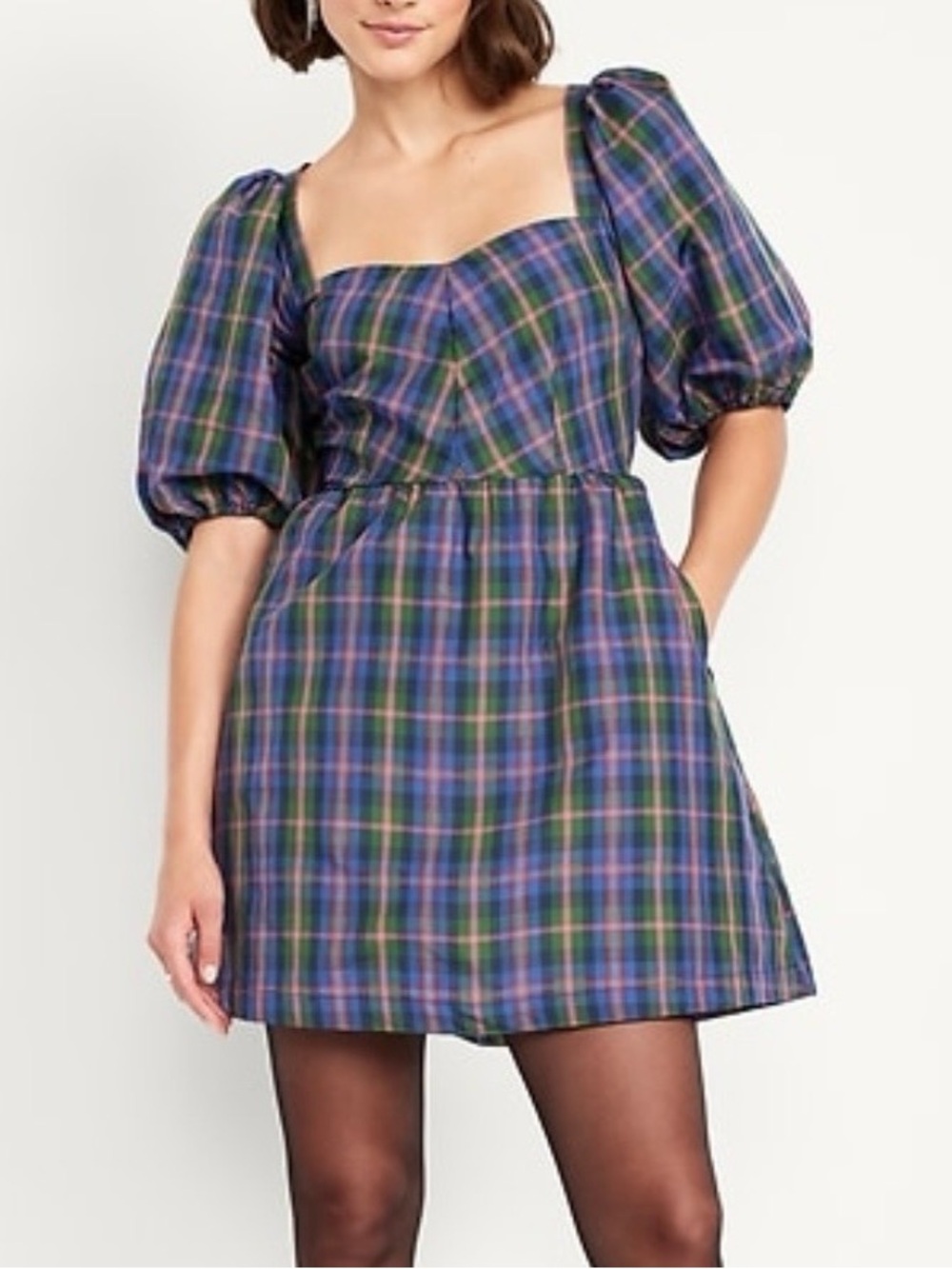 Old Navy Plaid Puff-Sleeve Square-Neck Mini Dress - Blue, Green